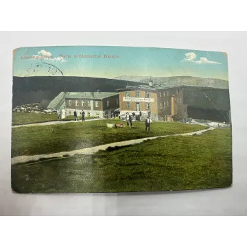 Pocztówka Hala Szrenicka ludzie Neue schlesische Baude Karkonosze