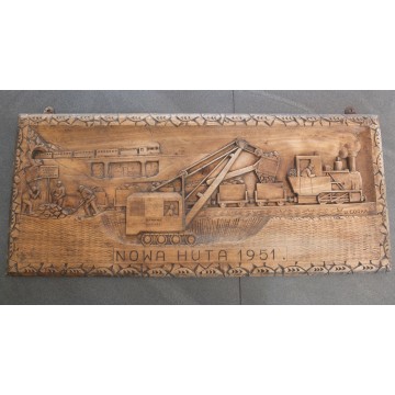 Płaskorzeźba drewniana budowa Nowa Huta Kraków W.Górka 1951 unikat