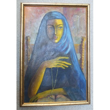 Stary olejny obraz Madonna - Dziewczyna w chuście z krzyżem i książką