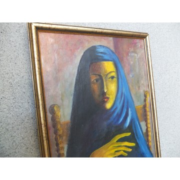 Stary olejny obraz Madonna - Dziewczyna w chuście z krzyżem i książką
